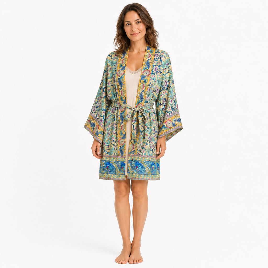 Kimono Femme Coton Fleuri Ocre Long | Kaede