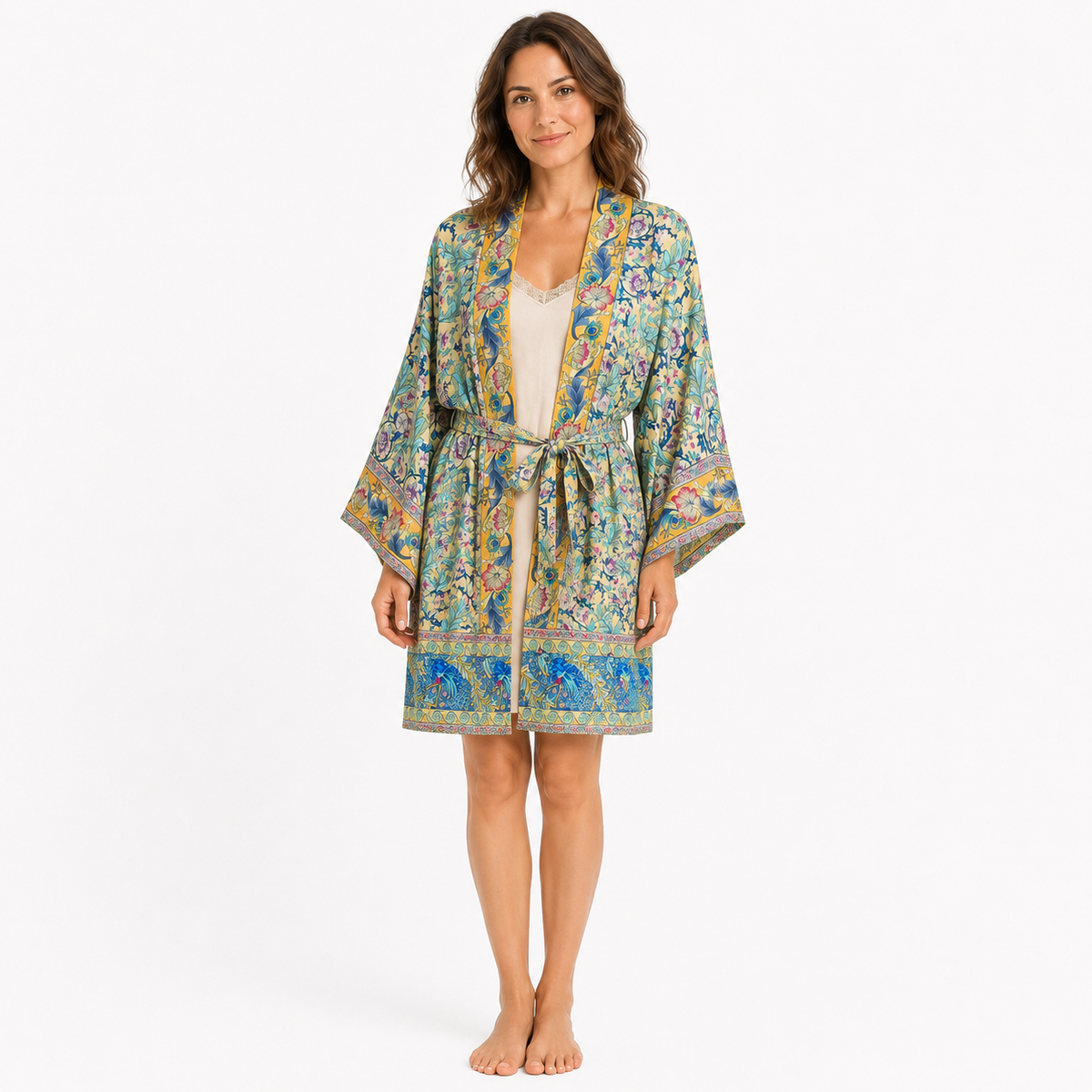 Kimono Femme Coton Fleuri Ocre Long | Kaede