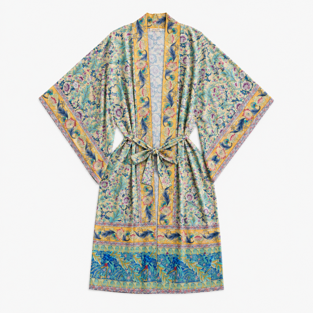 Kimono Femme Coton Fleuri Ocre Long | Kaede