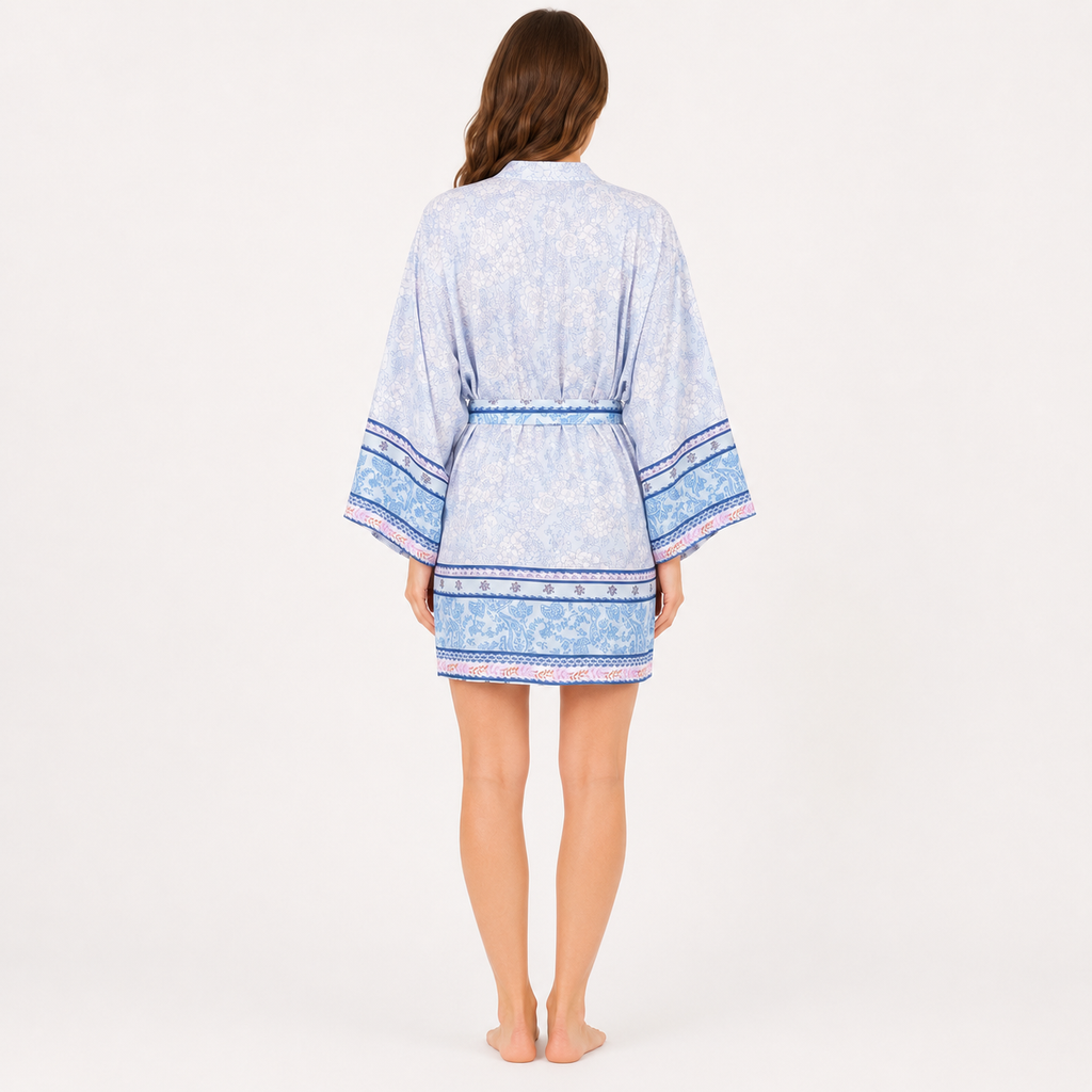 Kimono Femme Court Bleu Clair Fleuri | Mizuki