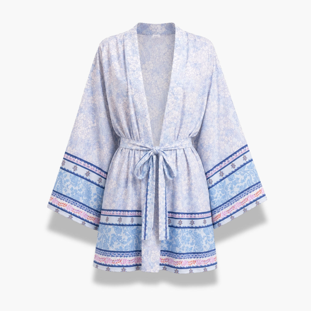 Kimono Femme Court Bleu Clair Fleuri | Mizuki