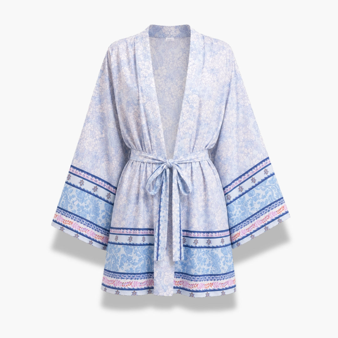 Kimono Femme Court Bleu Clair Fleuri | Mizuki