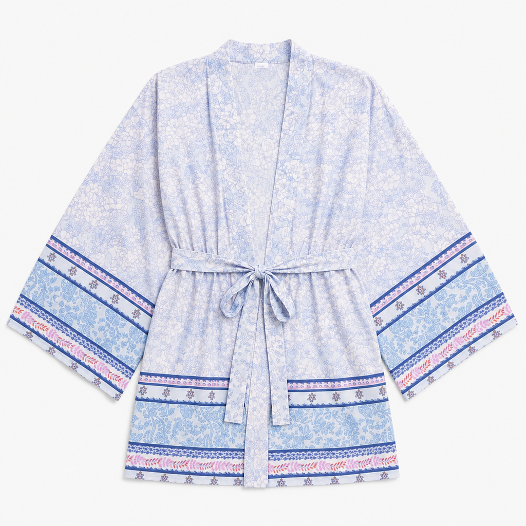 Kimono Femme Court Bleu Clair Fleuri | Mizuki