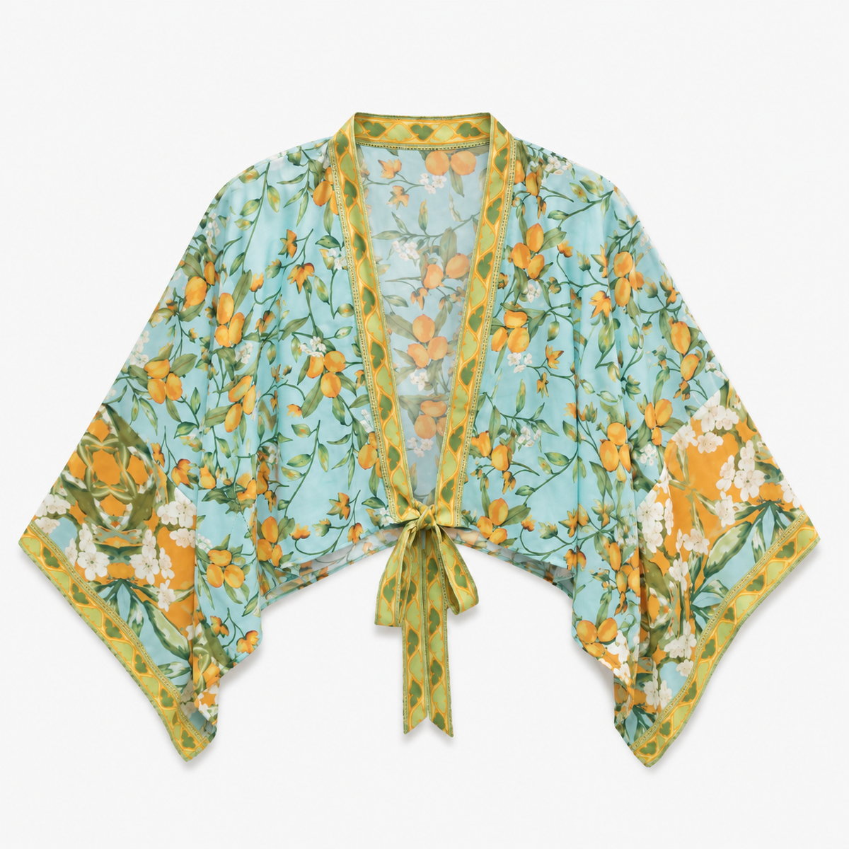 Kimono Femme Court Bleu Fleuri Cache-Cœur | Mizore