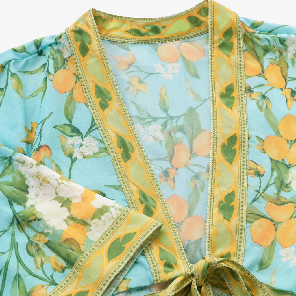 Kimono Femme Court Bleu Fleuri Cache-Cœur | Mizore