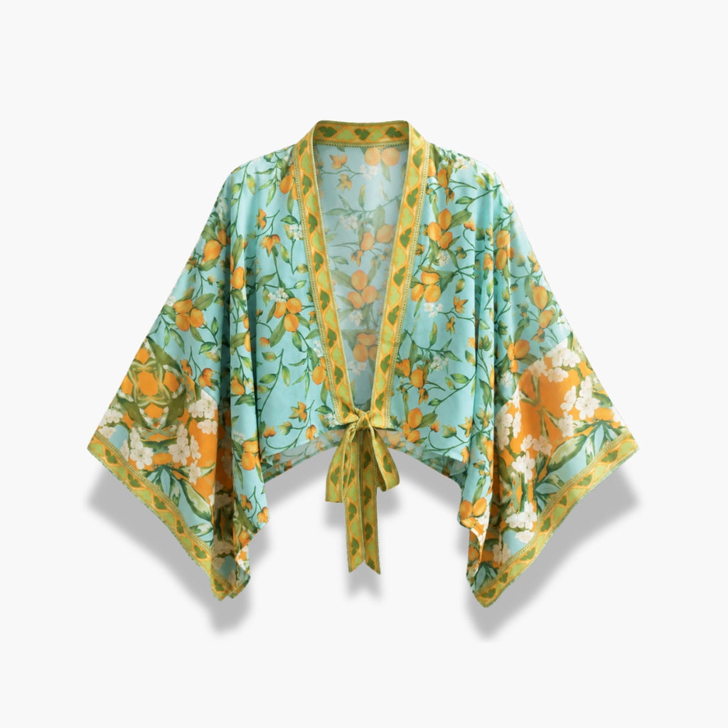 Kimono Femme Court Bleu Fleuri Cache-Cœur | Mizore