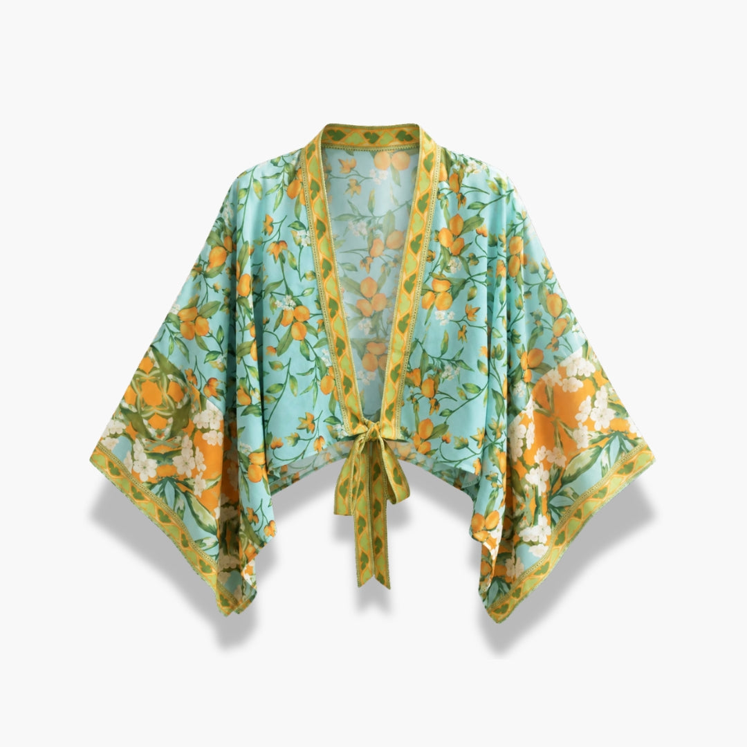 Kimono Femme Court Bleu Fleuri Cache-Cœur | Mizore