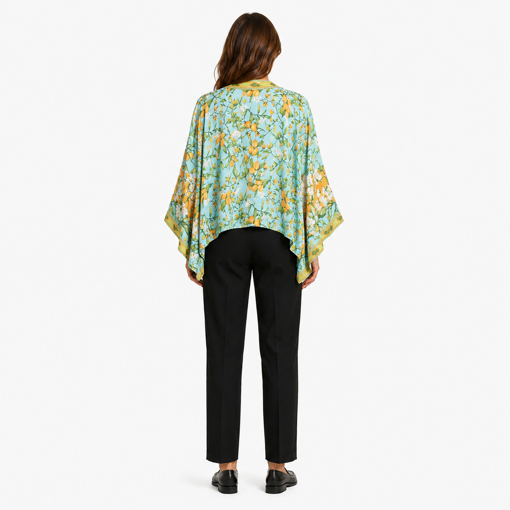 Kimono Femme Court Bleu Fleuri Cache-Cœur | Mizore