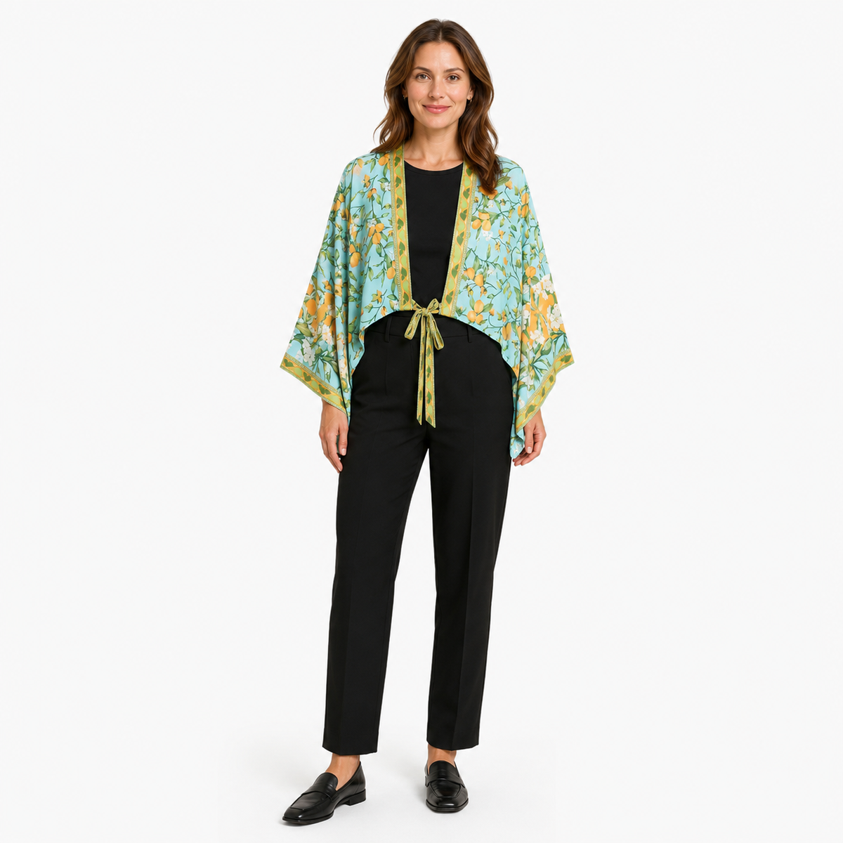 Kimono Femme Court Bleu Fleuri Cache-Cœur | Mizore