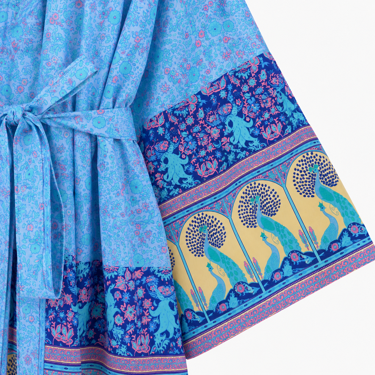 Kimono Femme Court Bleu Fleuri Léger | Aozora
