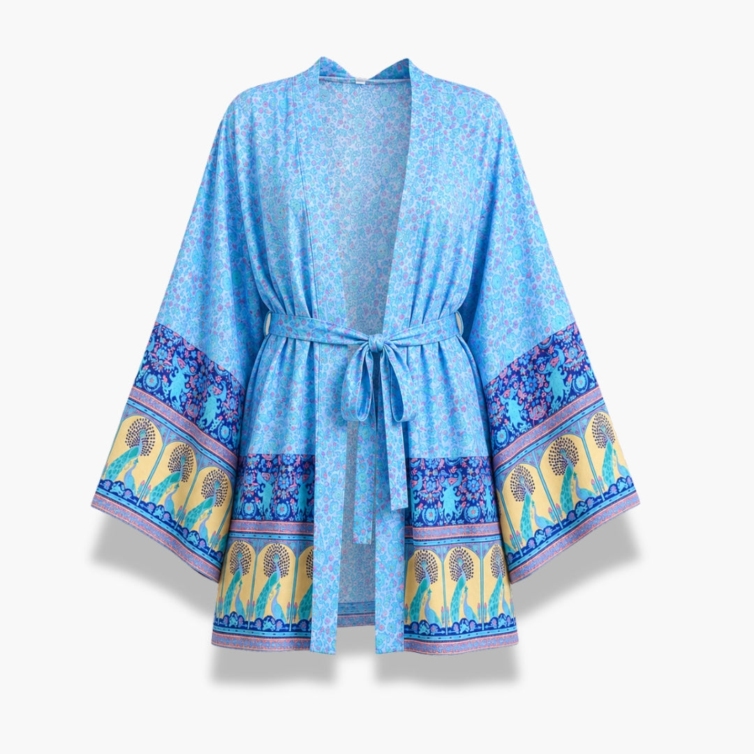 Kimono Femme Court Bleu Fleuri Léger | Aozora
