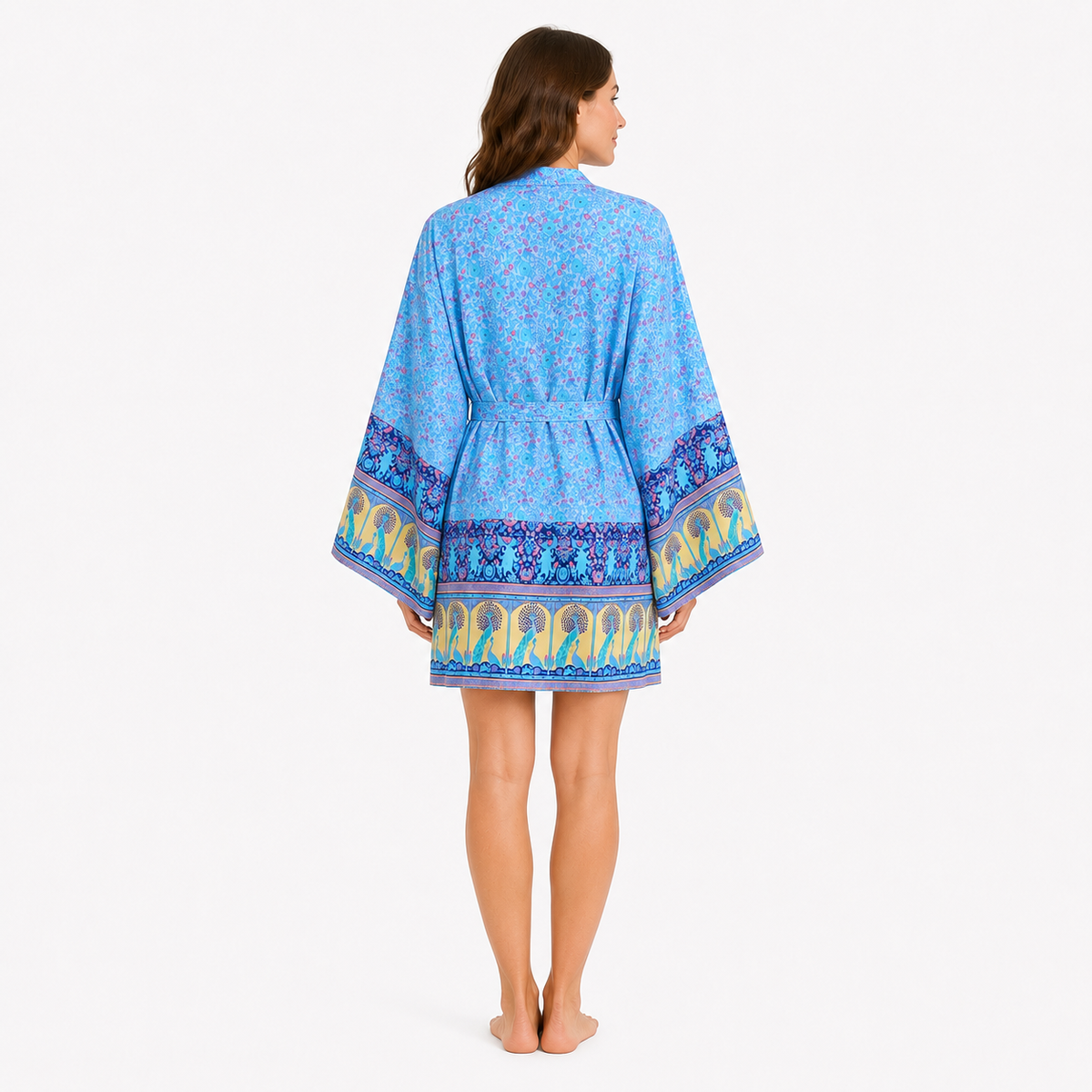 Kimono Femme Court Bleu Fleuri Léger | Aozora