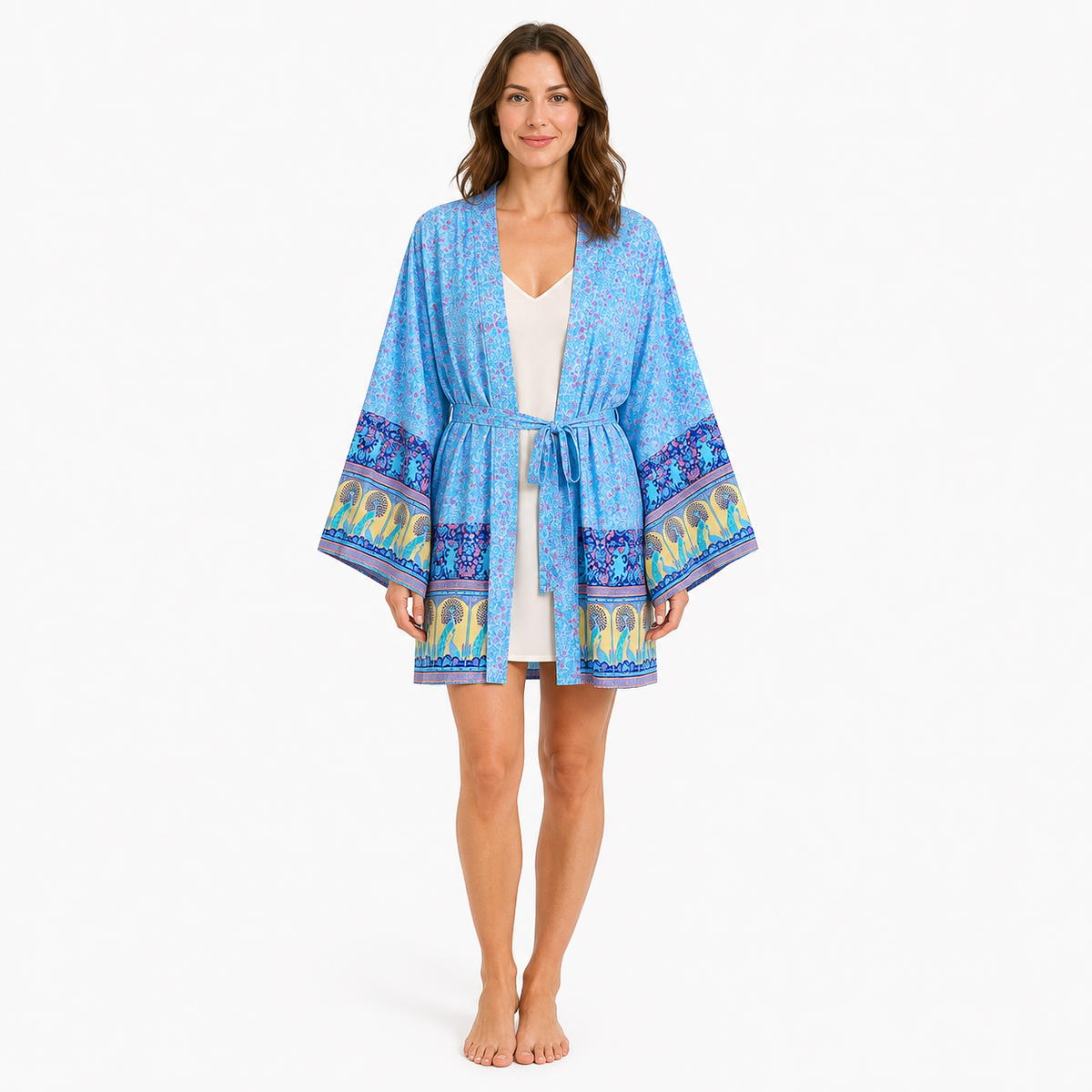 Kimono Femme Court Bleu Fleuri Léger | Aozora
