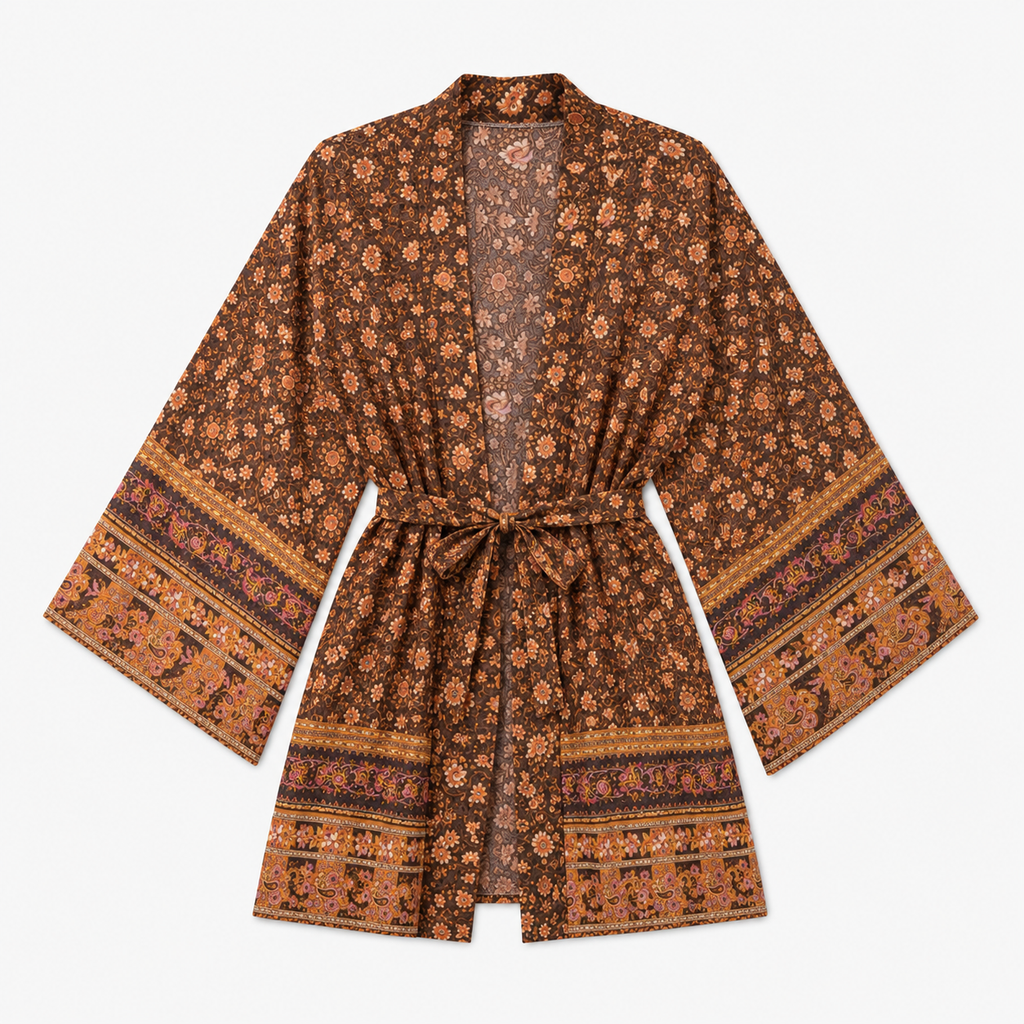 Kimono Femme Court Brun Japonais | Kaede