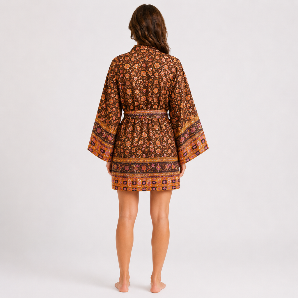 Kimono Femme Court Brun Japonais | Kaede