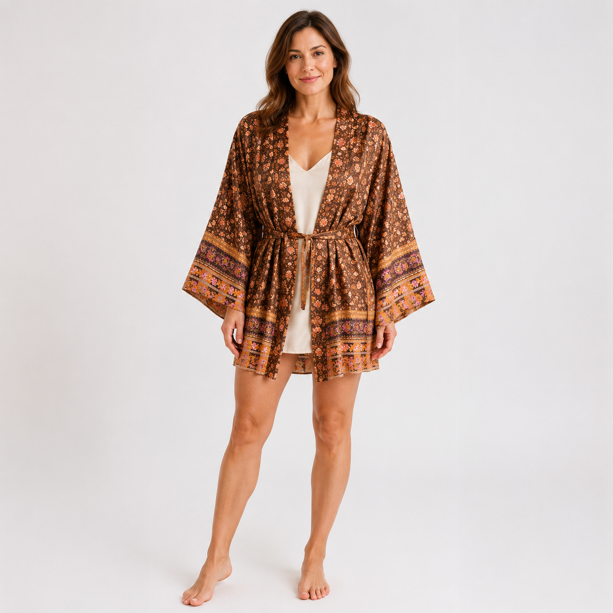 Kimono Femme Court Brun Japonais | Kaede