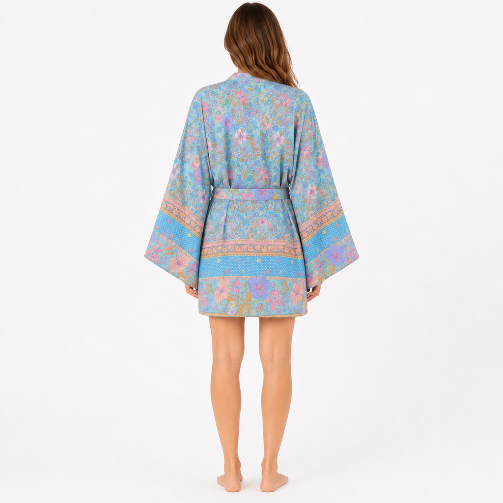 Kimono Femme Court Fleuri Bleu Ciel | Mizuki