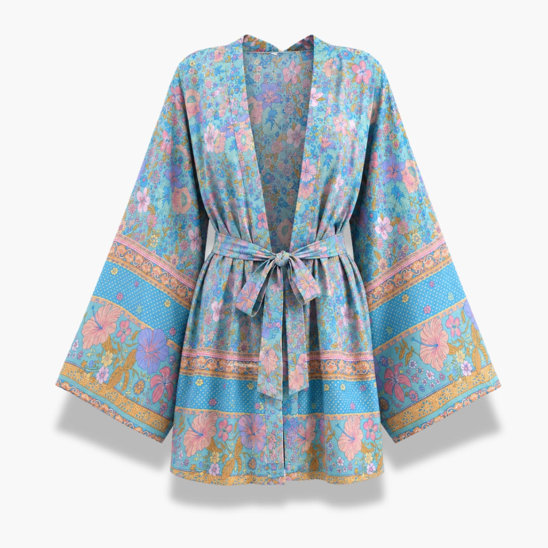 Kimono Femme Court Fleuri Bleu Ciel | Mizuki