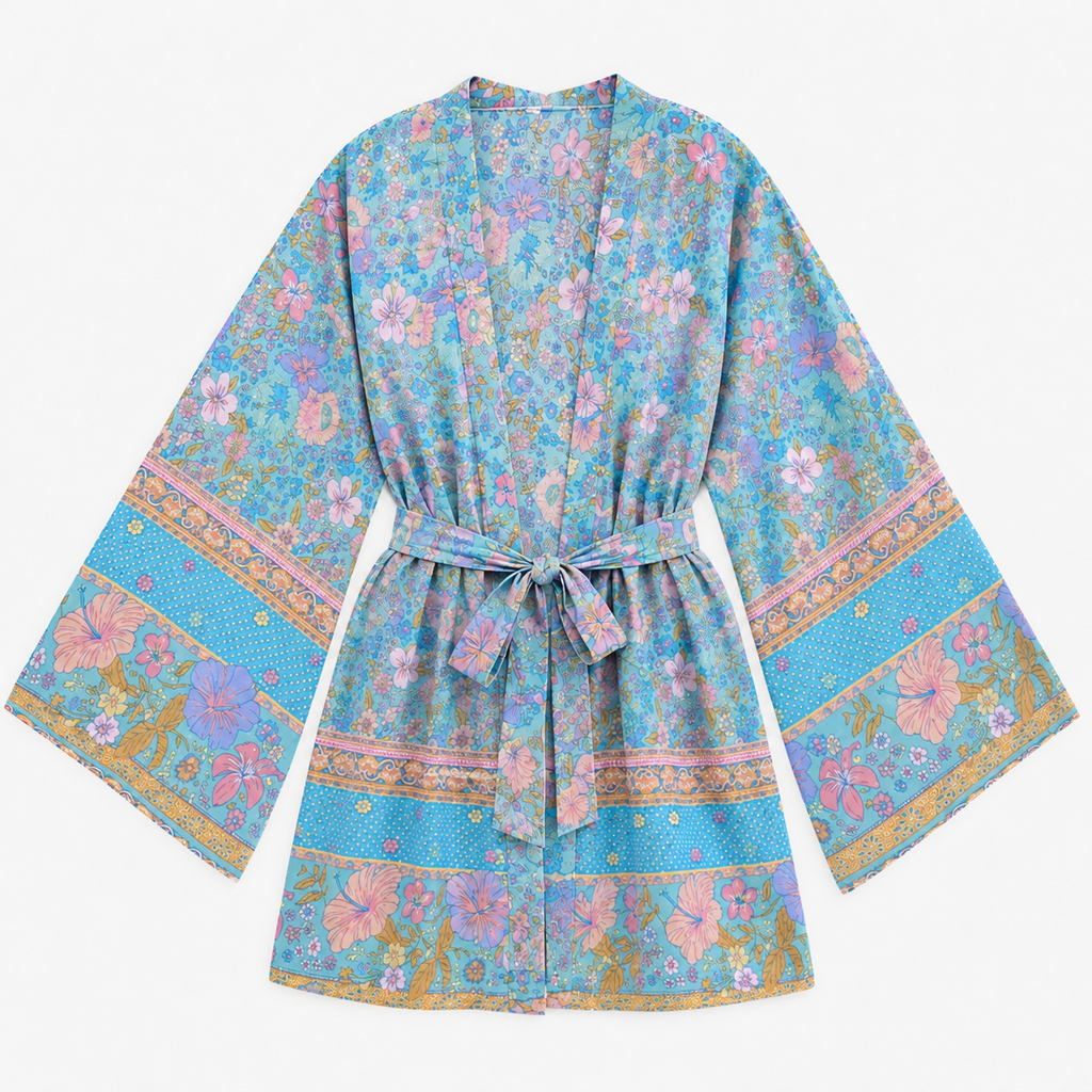 Kimono Femme Court Fleuri Bleu Ciel | Mizuki