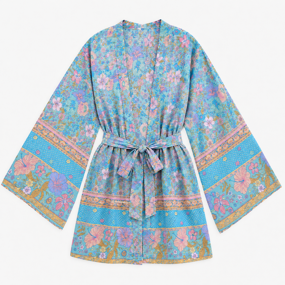 Kimono Femme Court Fleuri Bleu Ciel | Mizuki