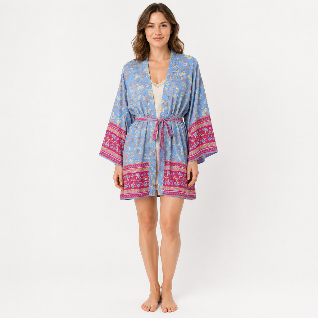 Kimono Femme Court Fleuri Bleu Pastel | Kaede