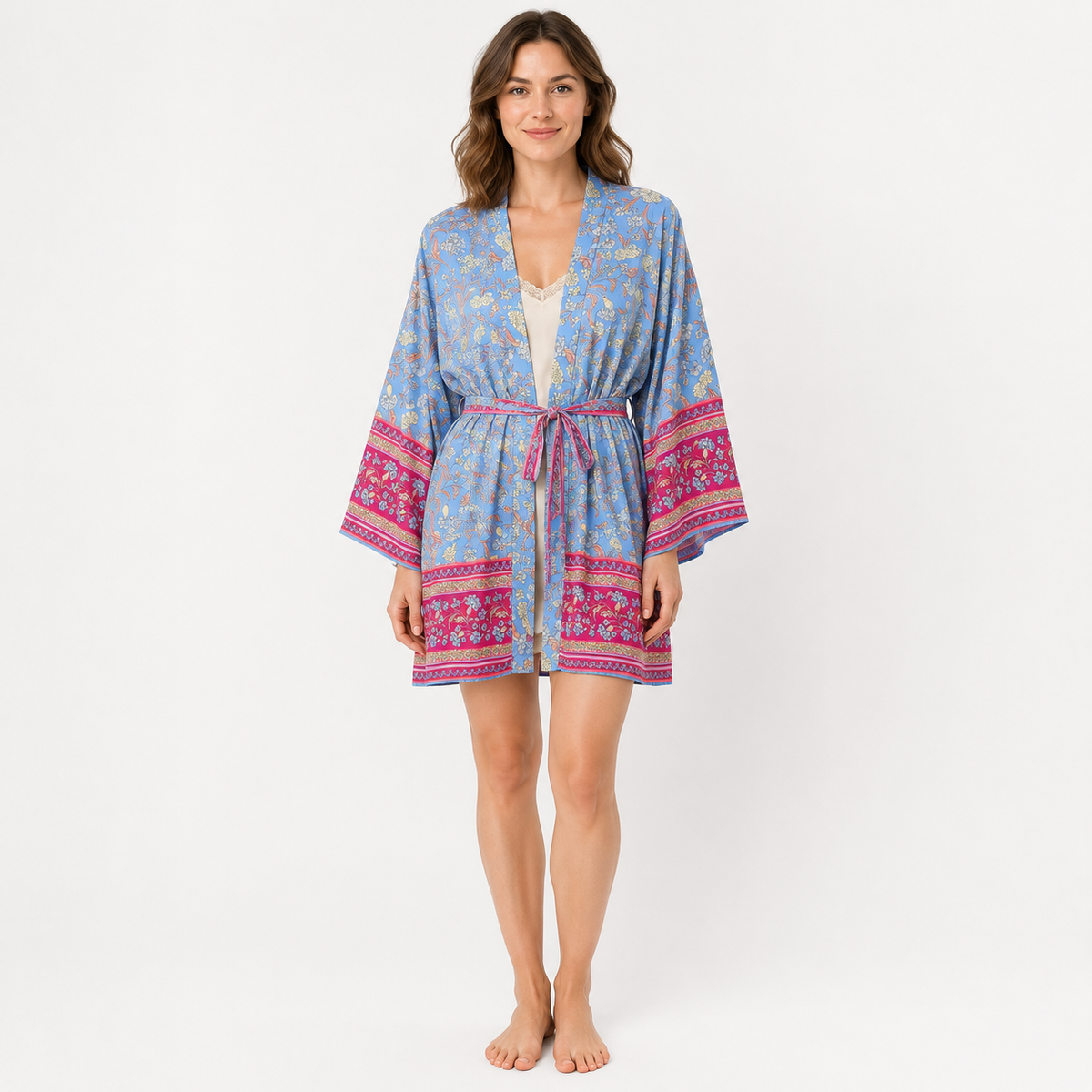 Kimono Femme Court Fleuri Bleu Pastel | Kaede