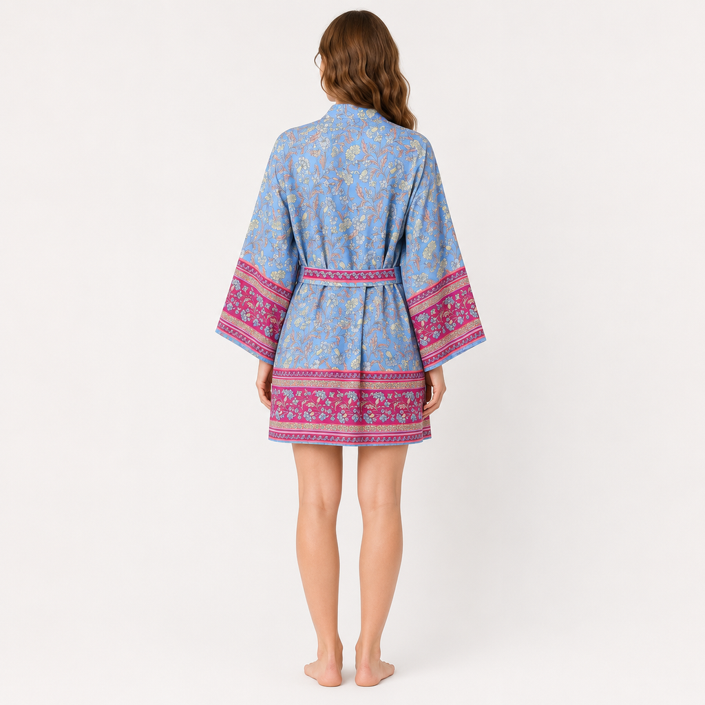 Kimono Femme Court Fleuri Bleu Pastel | Kaede