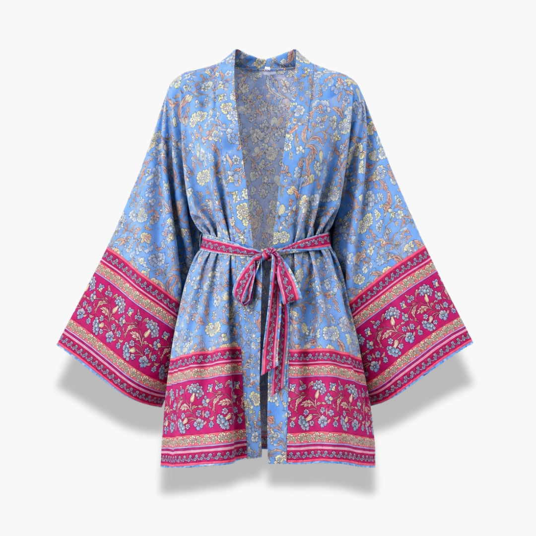 Kimono Femme Court Fleuri Bleu Pastel | Kaede