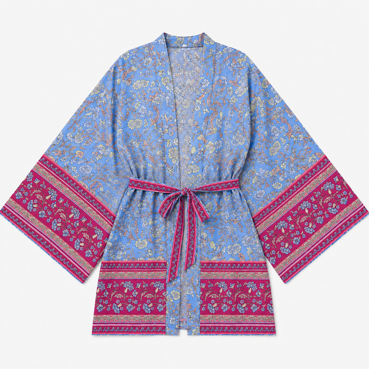 Kimono Femme Court Fleuri Bleu Pastel | Kaede