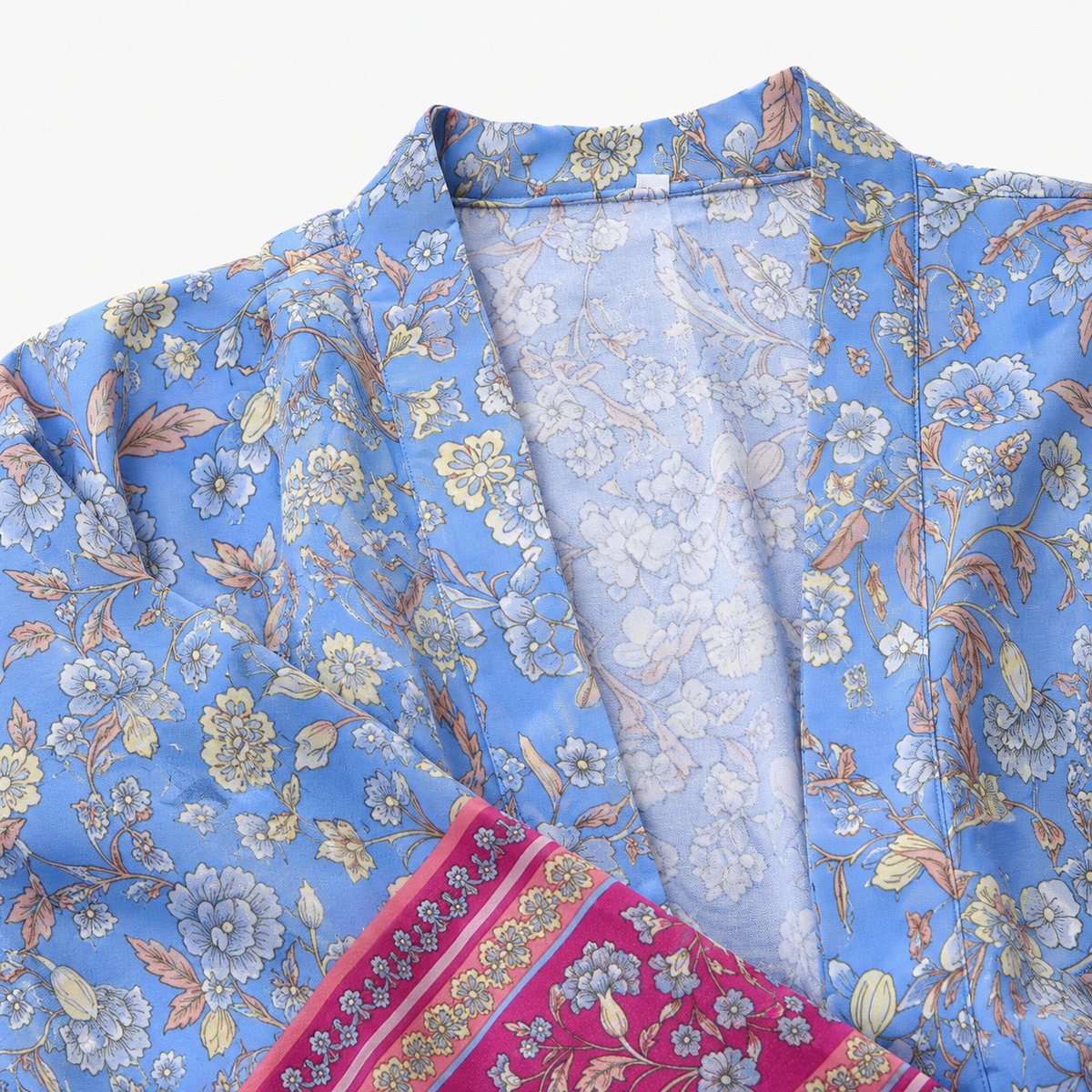 Kimono Femme Court Fleuri Bleu Pastel | Kaede