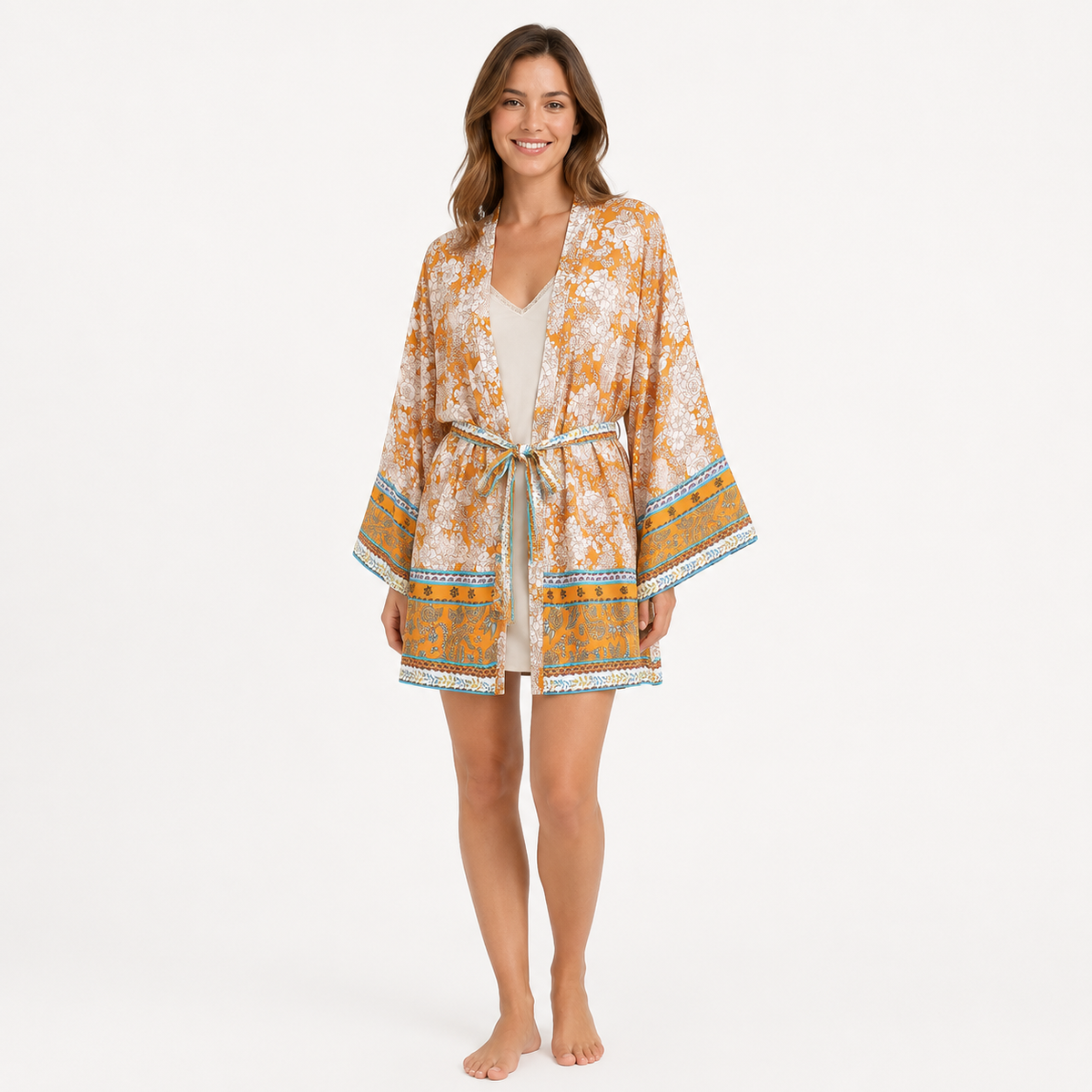 Kimono Femme Court Fleuri Ocre | Momiji