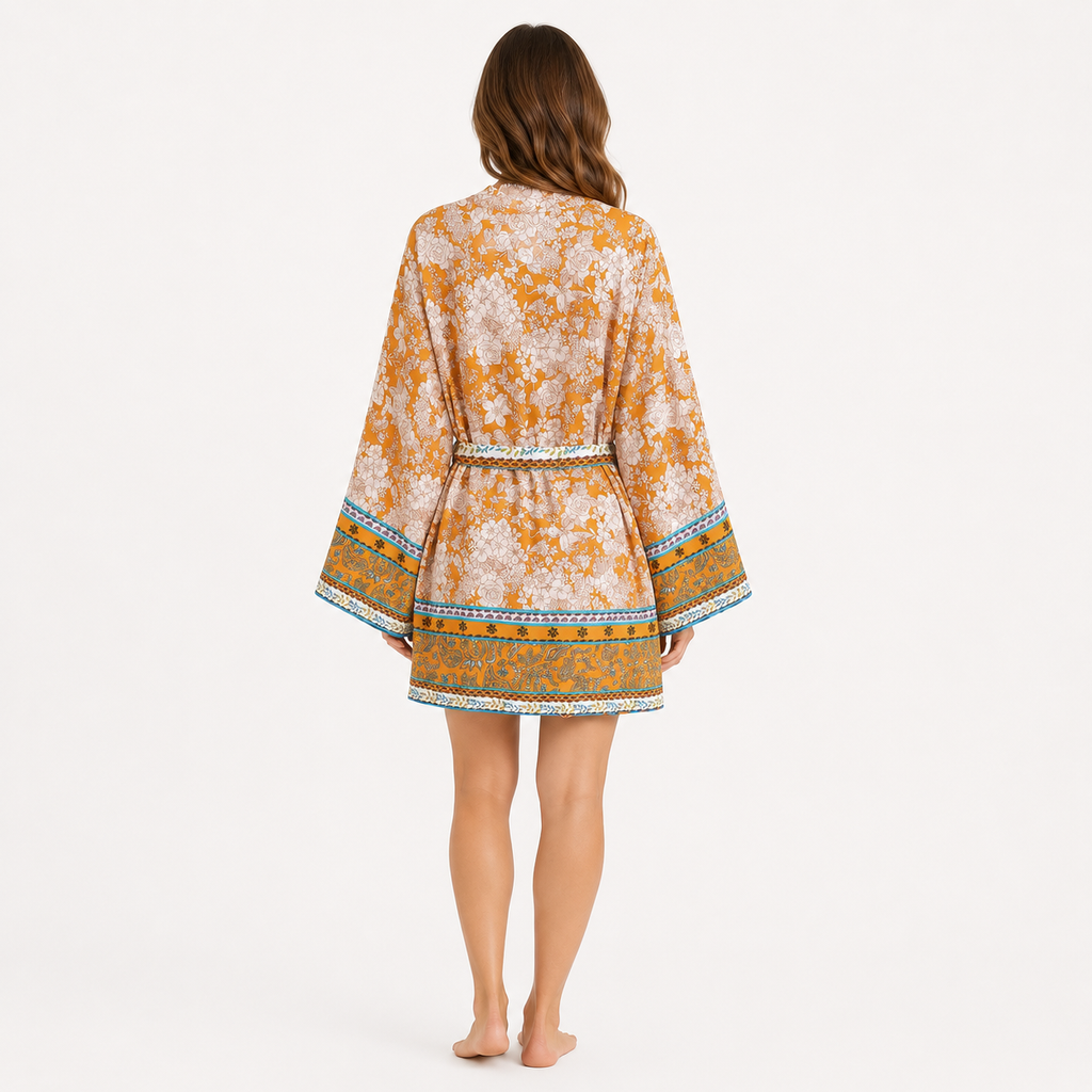 Kimono Femme Court Fleuri Ocre | Momiji