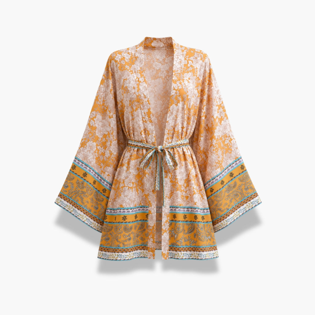 Kimono Femme Court Fleuri Ocre | Momiji