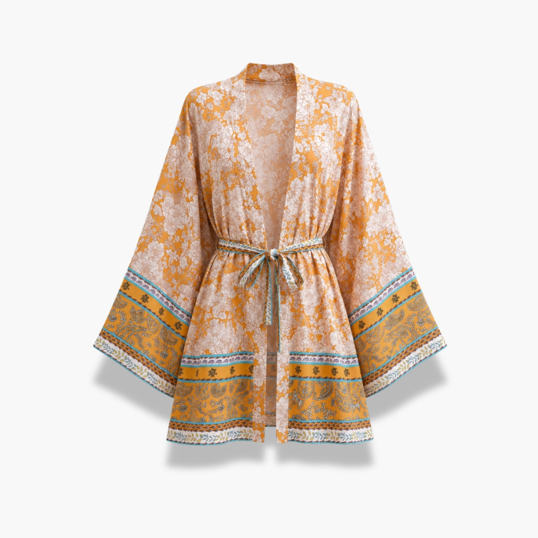 Kimono Femme Court Fleuri Ocre | Momiji
