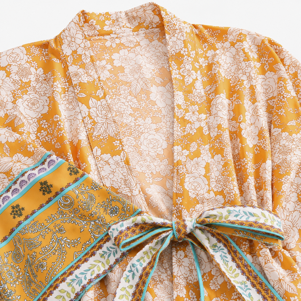 Kimono Femme Court Fleuri Ocre | Momiji