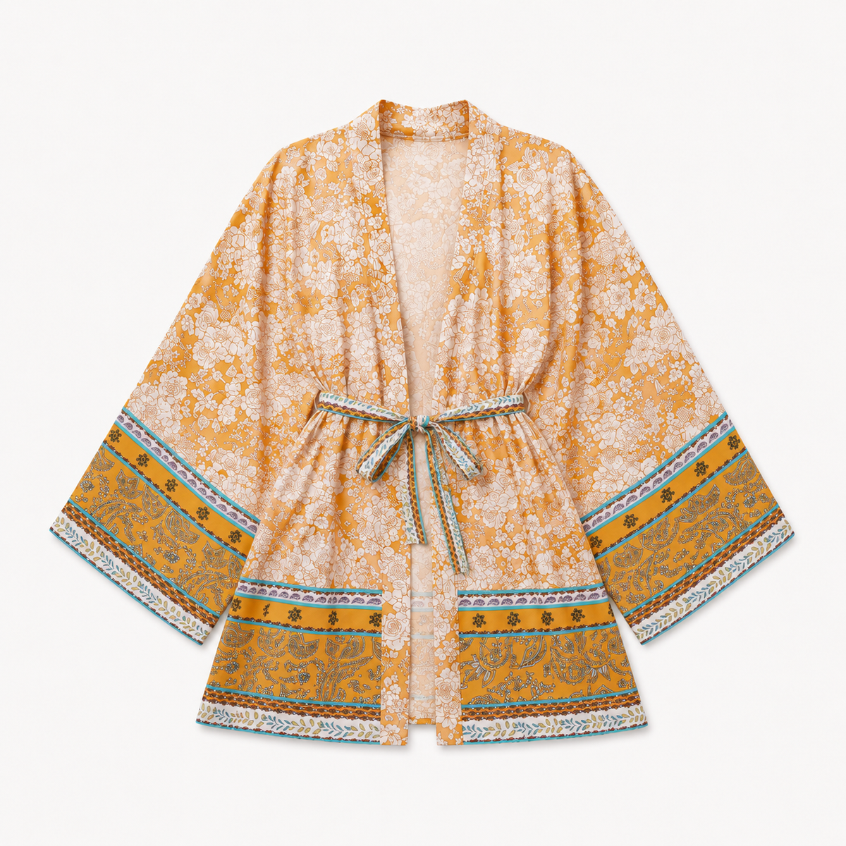 Kimono Femme Court Fleuri Ocre | Momiji