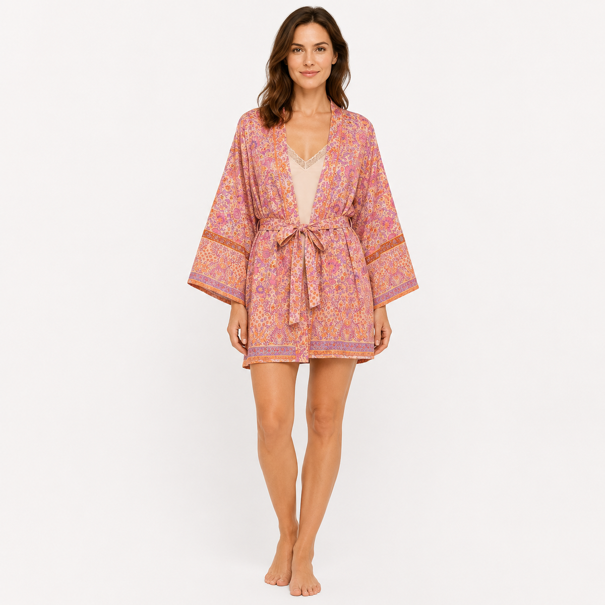 Kimono Femme Court Fleuri Pêche Rosée | Kaede