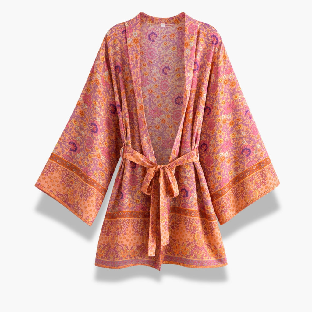 Kimono Femme Court Fleuri Pêche Rosée | Kaede