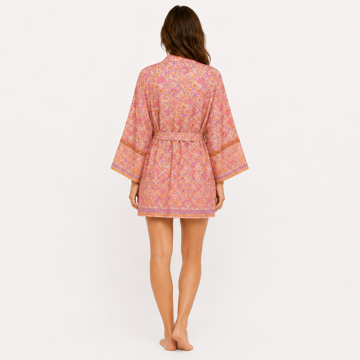 Kimono Femme Court Fleuri Pêche Rosée | Kaede