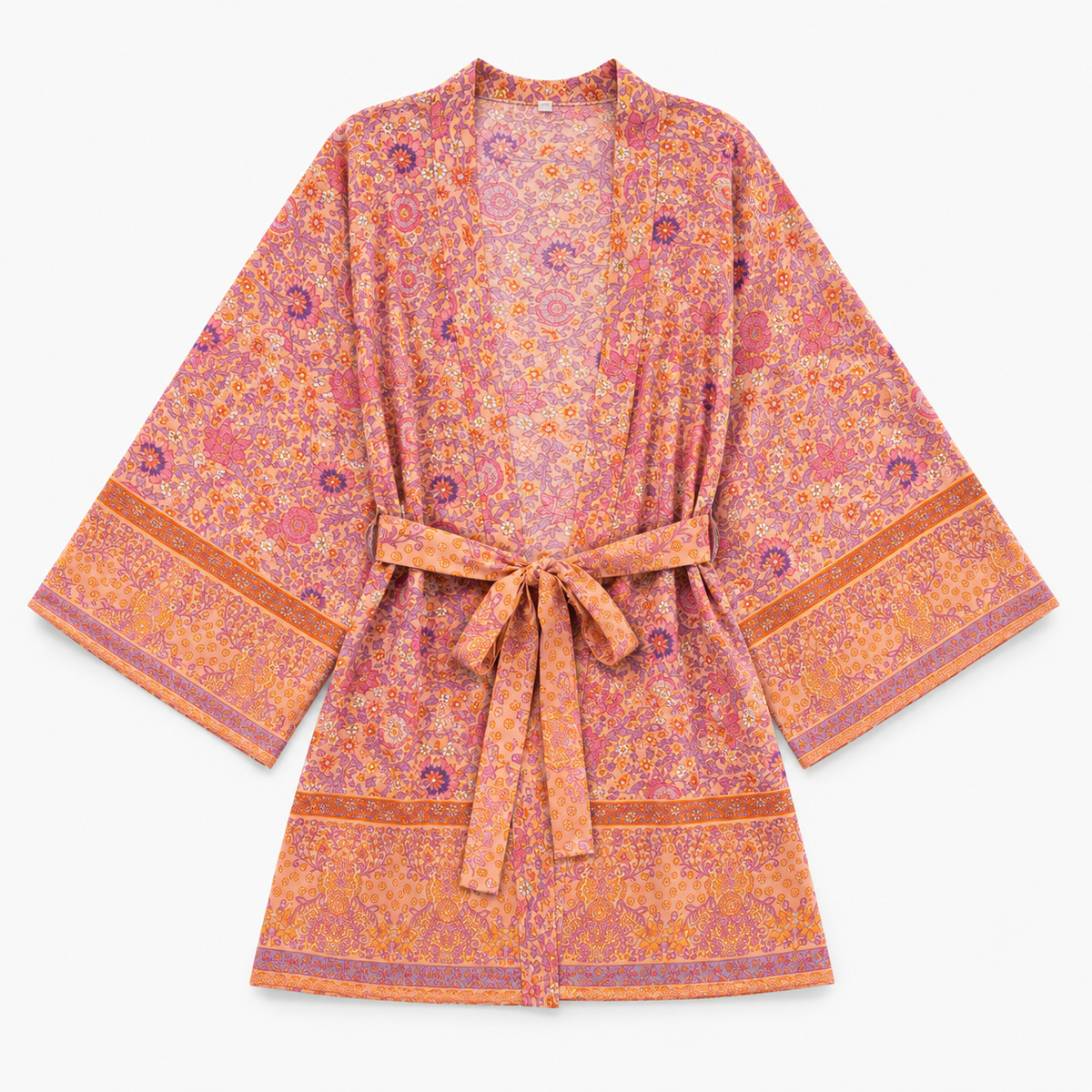 Kimono Femme Court Fleuri Pêche Rosée | Kaede