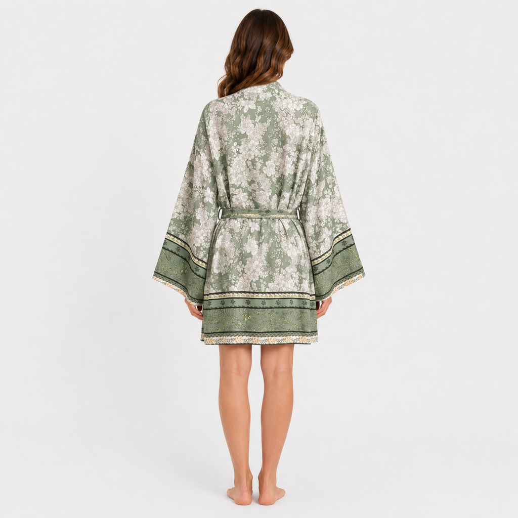 Kimono Femme Court Fleuri Vert Sauge | Ayame