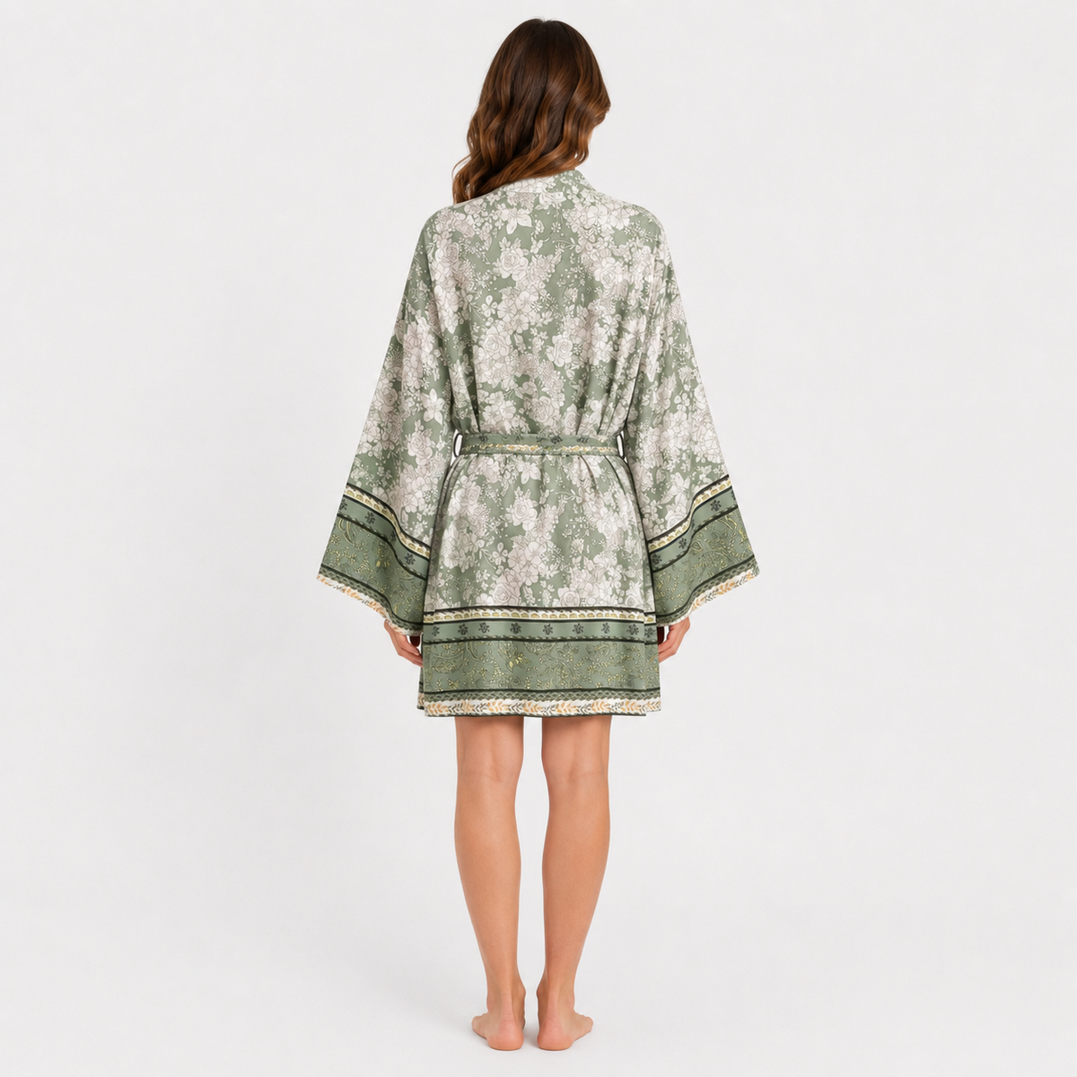 Kimono Femme Court Fleuri Vert Sauge | Ayame
