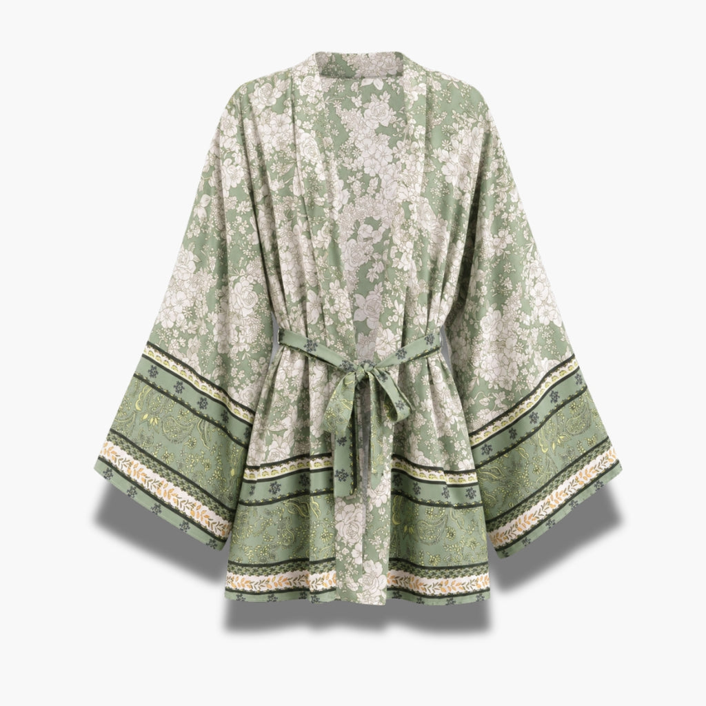 Kimono Femme Court Fleuri Vert Sauge | Ayame