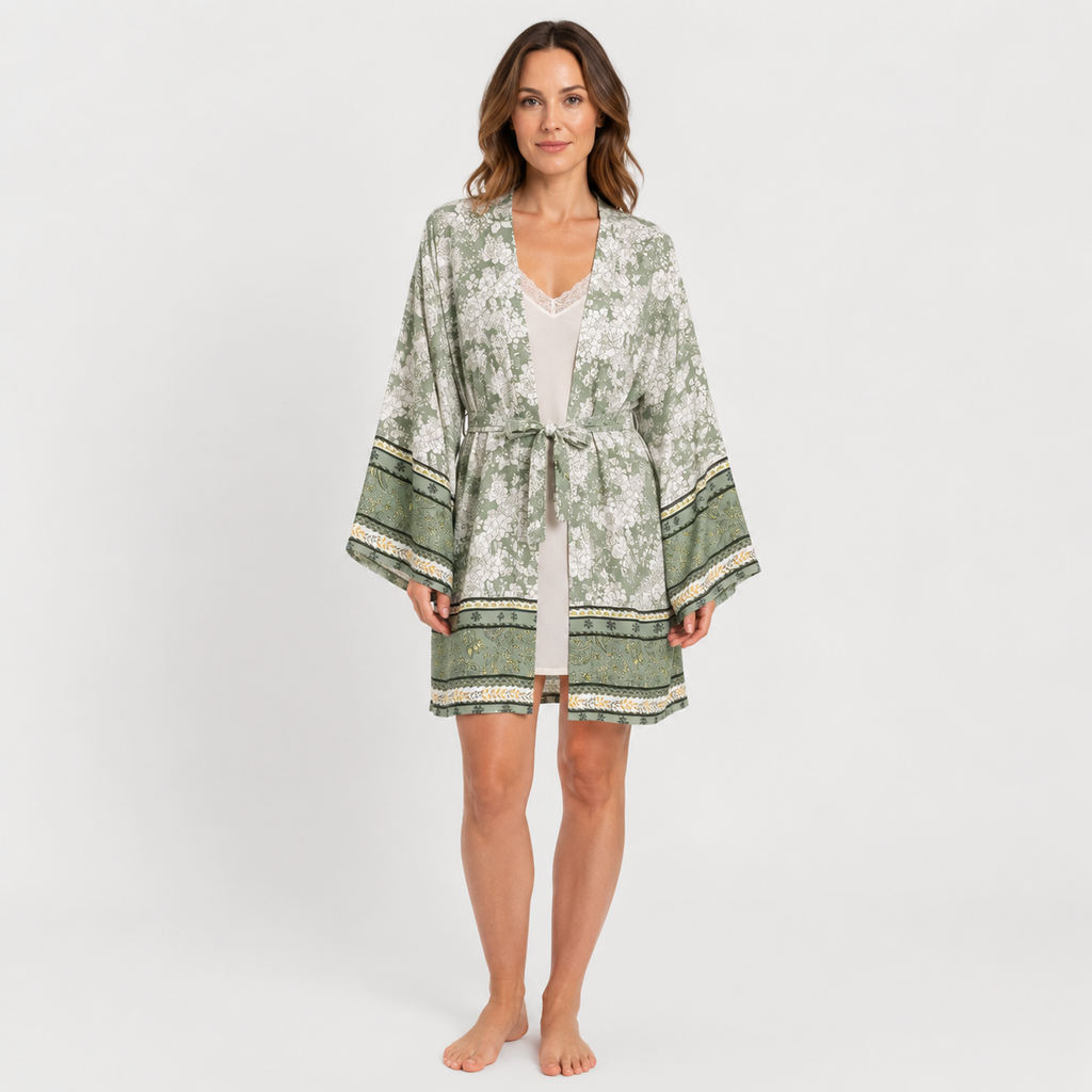 Kimono Femme Court Fleuri Vert Sauge | Ayame