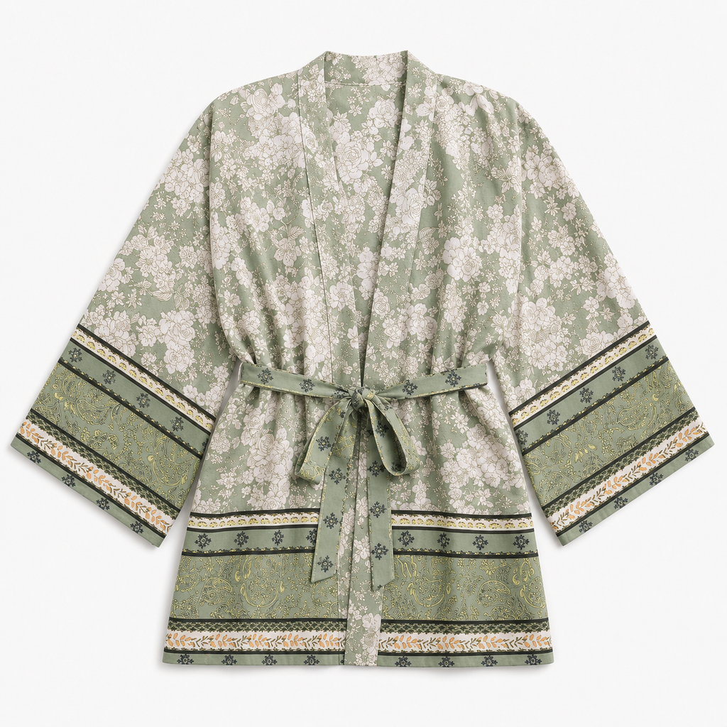 Kimono Femme Court Fleuri Vert Sauge | Ayame
