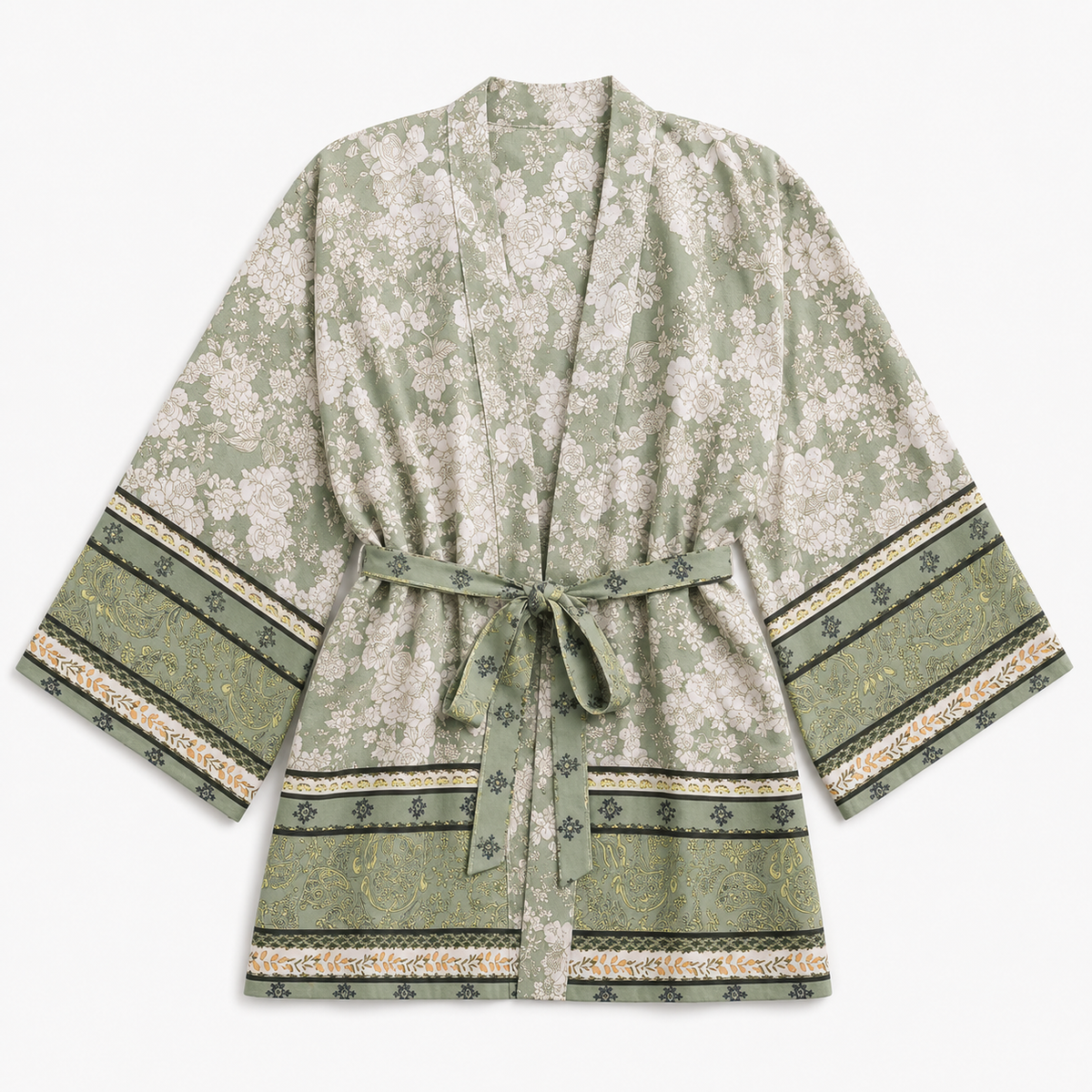 Kimono Femme Court Fleuri Vert Sauge | Ayame