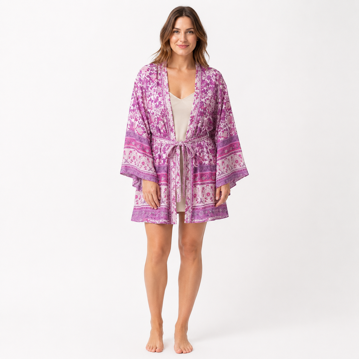 Kimono Femme Court Fleuri Violet Orchidée | Shizuka
