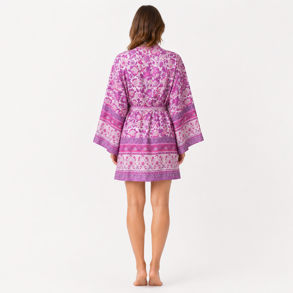 Kimono Femme Court Fleuri Violet Orchidée | Shizuka