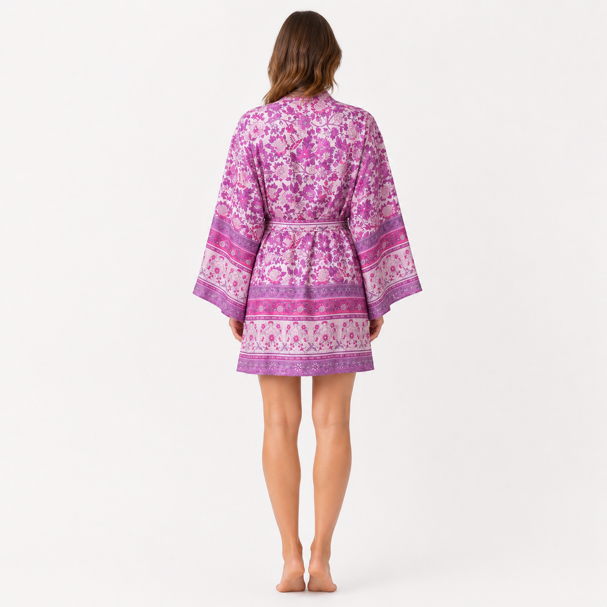 Kimono Femme Court Fleuri Violet Orchidée | Shizuka