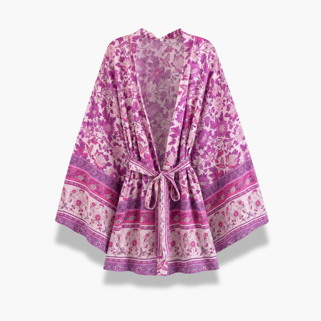 Kimono Femme Court Fleuri Violet Orchidée | Shizuka